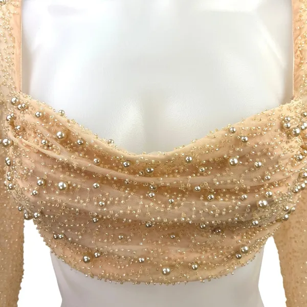 Oh Polly LA DÉSIRADE Cream Pearl Beaded Embellished Crop Top & Midi Skirt Set 2 - Image 12