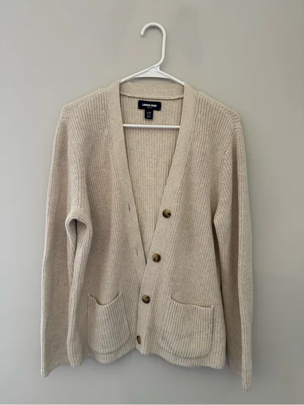 Lands End Drifter Womens L Petite 14-16 Beige Cotton V Neck Cardigan - Image 3