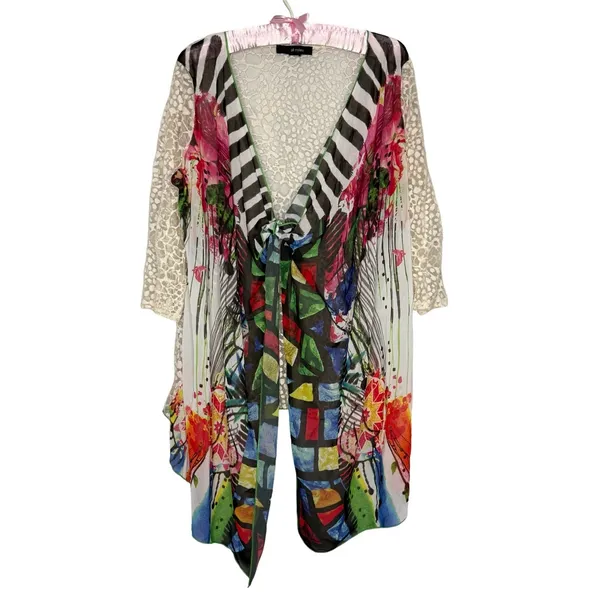 Ali Miles L Tunic Top Artsy Art To Wear Boho Lagenlook Colorful Flowy Lace Sheer - Image 4