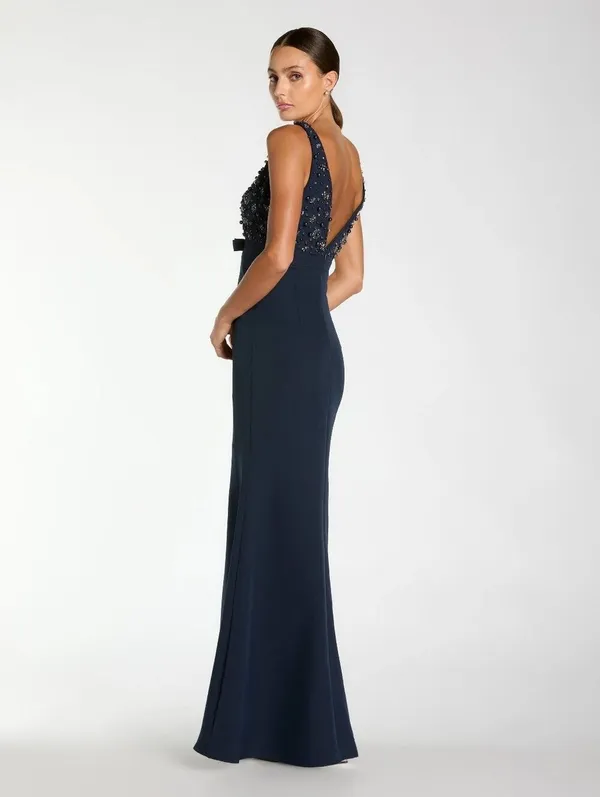 NWOT Mac Duggal 2278 Navy Sleeveless Embellished Crepe Gown With Bow Size 4 - Image 5