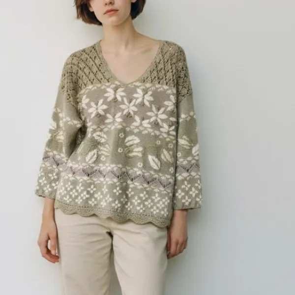 Vintage 90s Tan Floral Embroider Knit Gold poms Cottagecore Grandmacore Sweater - Image 3