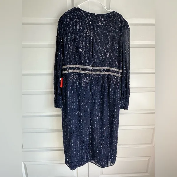 Mac Duggal Sequined V Neck Bishop Sleeve Midi Dress Navy Blue‎ Size 16 #93593 - Image 9