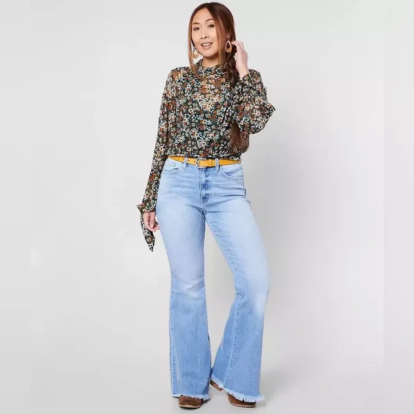 Free People All Dolled Up Mesh Long Sleeve Cropped Floral Top Blouse Green Small - Image 3