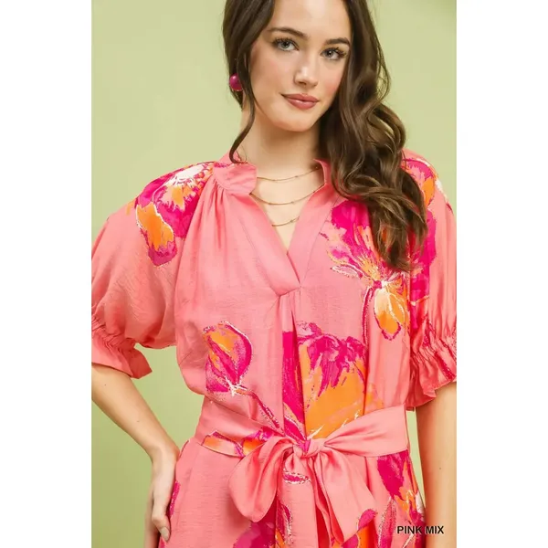 Umgee Floral‎ Flounce Sleeve Midi Dress with Belted - Pink Mix - Large - Image 6
