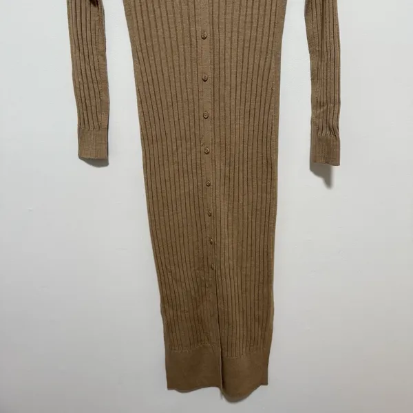 Club Monaco Camel Rib Knit Cardigan‎ Midi Sweater V-Neck Dress Size Small - Image 4