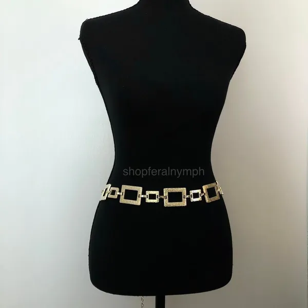 Y2K Geometric Gold Textured Square Link Chain Belt, Up to 44 Inches, X7GA1140 - Image 2