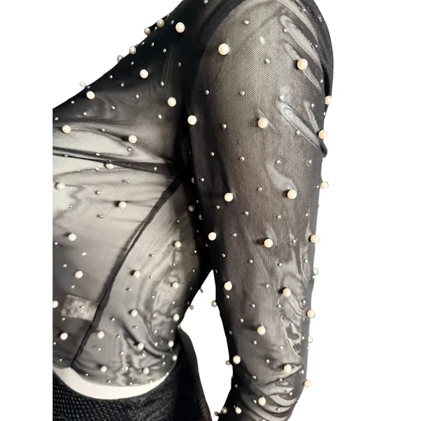 Thirty/Thirty LA Womens Black Sheer Mesh Pearl Embellished Crop Top Large - Image 4
