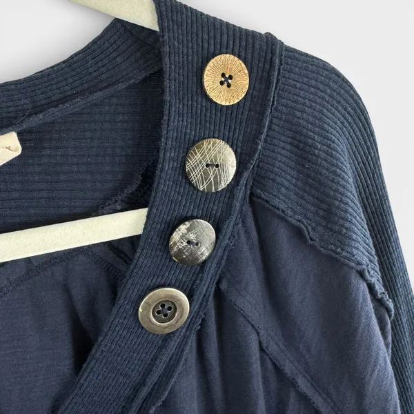 Soft Surroundings Navy Blue Cotton Mixed Ribbed Knit Button Detail V-Neck Top 2X - Image 3