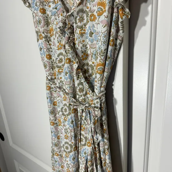 Faherty Carmen Floral Print Wrap Midi Dress‎ Ruffle Short Sleeve Hi Low Small - Image 5