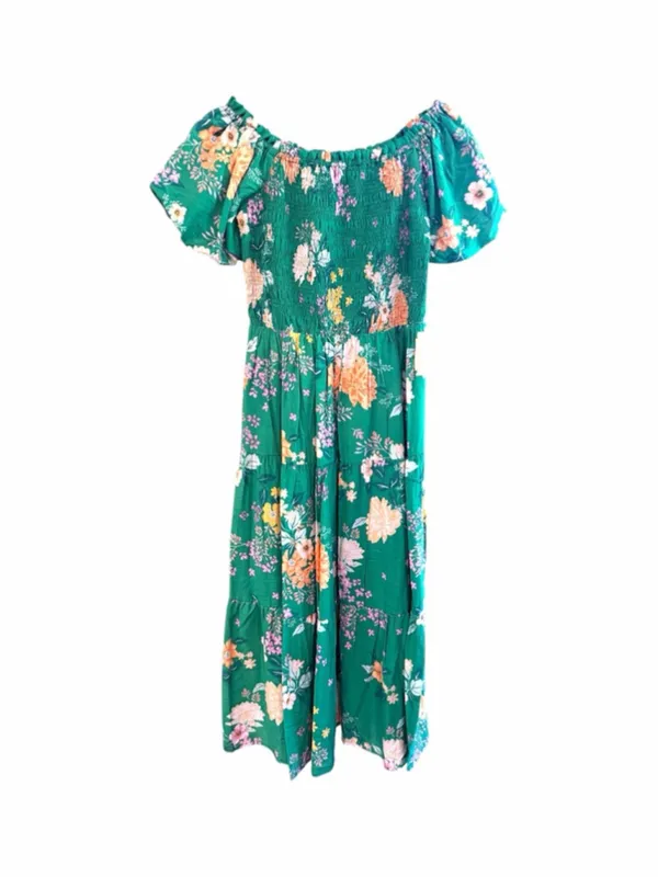 Skies Are Blue Floral Print Smocked Tiered Midi Dress in Green Size S - Image 3