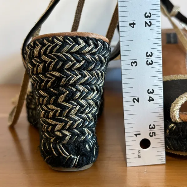 Marc Jacobs Black Satin Gold Metallic Wrap Espadrille Wedge Sandals Spain 38.5 - Image 9