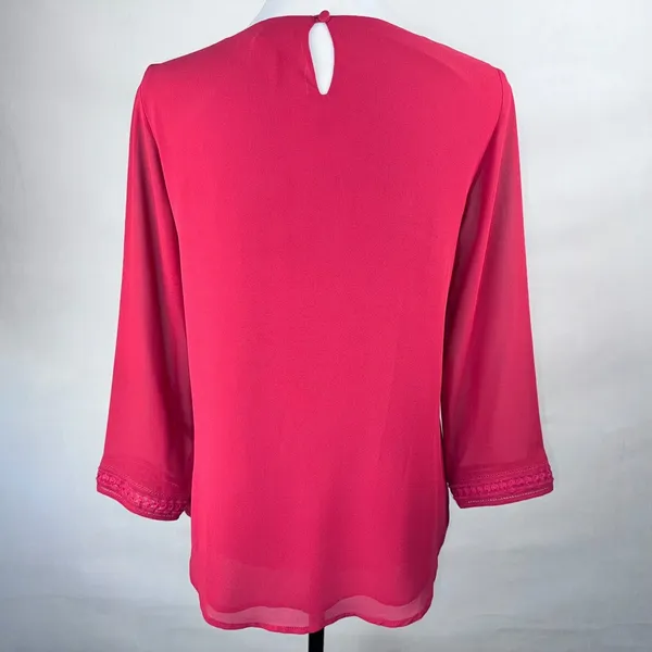 Naked Zebra Blouse Sz M Round Neck Keyhole Back Embroidered 3/4 sheer sleeves - Image 4