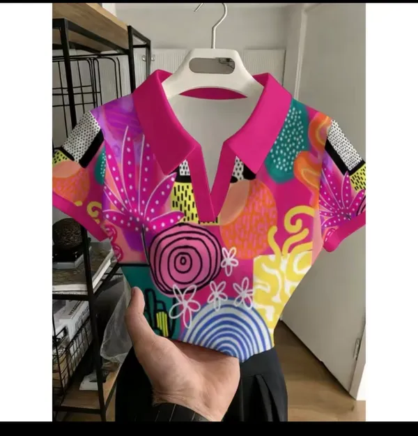 Women’s Colorful Abstract Print Short Sleeve Collared Top - Image 3