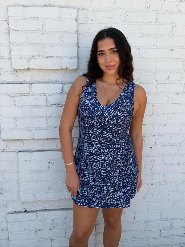 NWOT Abercrombie YPB Sculpt Lux Mini tennis workout Dress Sz L Navy blue with white polka dots #y2k - Image 2
