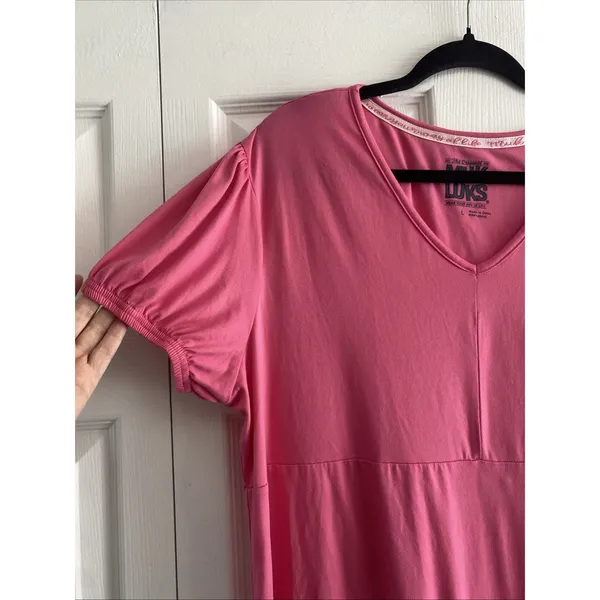 Muk Luks Puff Sleeve Womens Large Pink V Neck Dress Travel Comfort - Image 2