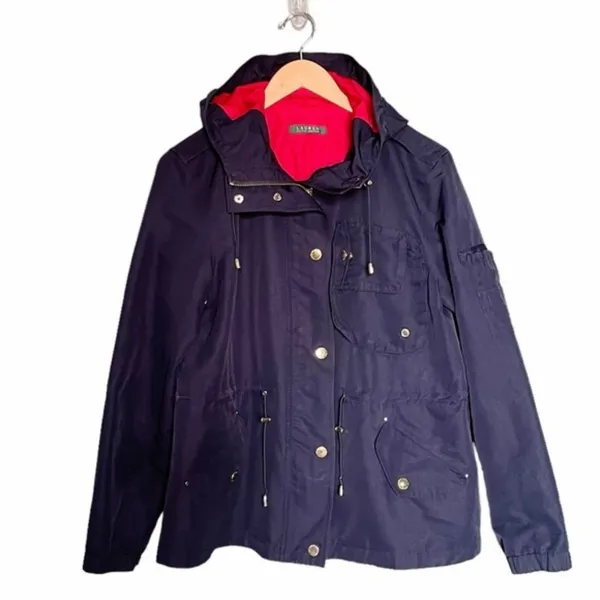 LRL Lauren Ralph Lauren Jacket Medium Navy Red Hooded Lined Nautical Windbreaker - Image 11