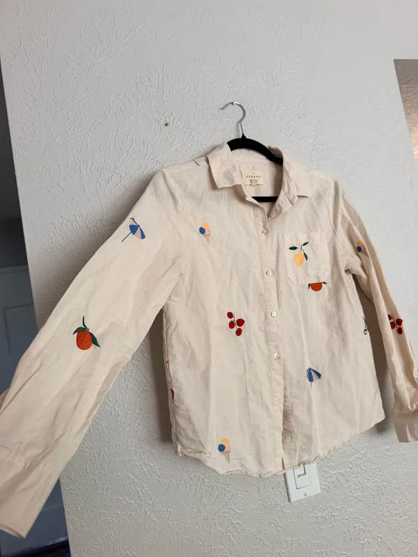 Sézane x Pangea Tomboy Shirt Fruit Floral Embroidered Ecru Linen Button down - Image 11