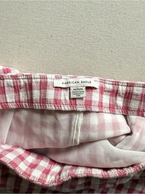 American Eagle Pink Gingham Mini Skirt Ruched Side Cottagecore M - Image 4