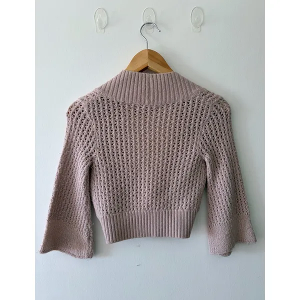 REBECCA TAYLOR Vtg Y2K Pink Alpaca Knit Crop Crochet Shrug Cardigan Womens Small - Image 2