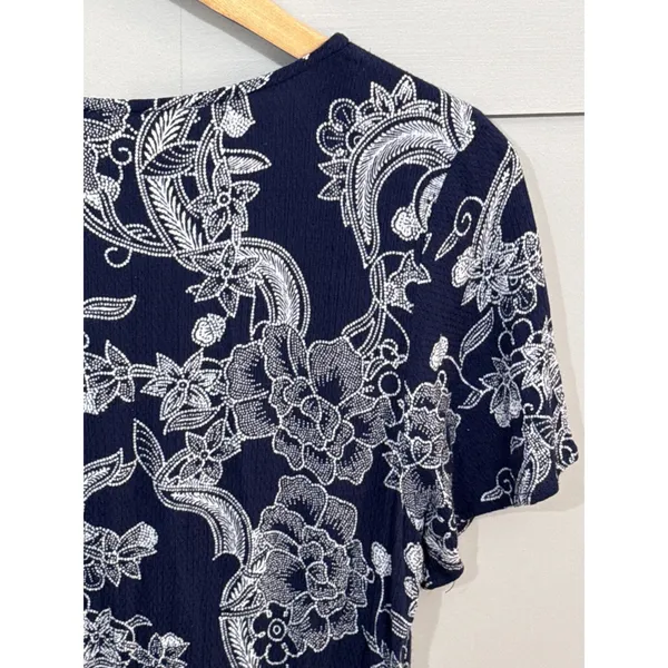 Roxy Navy Blue White Floral Paisley Tie Front Mini Dress Large Short Sleeve - Image 5