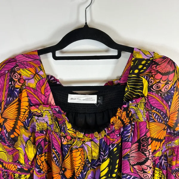 Alexandra Farmer for Anthropologie Butterfly Floral Smocked‎ Blouse Pink XS Boho - Image 2