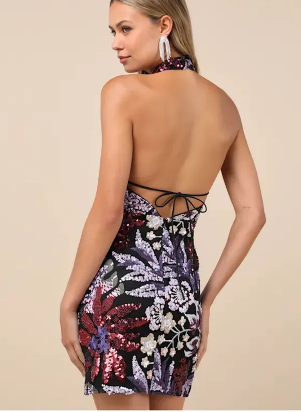 NWT Lulus Gorgeous Shine Black Multi Floral Sequin Backless Mini Dress - Image 2