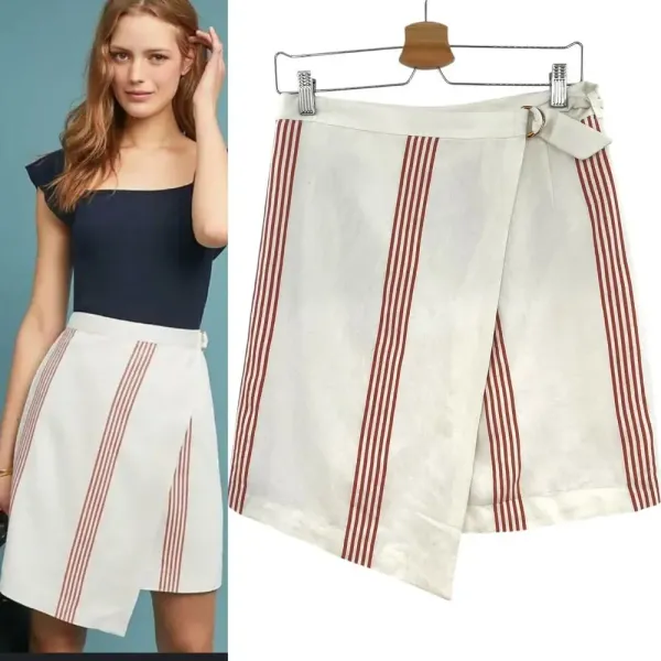 Anthropologie Hutch Rori Skirt Wrap Buckle‎ Striped Asymmetric White Rust Size 4 - Image 2