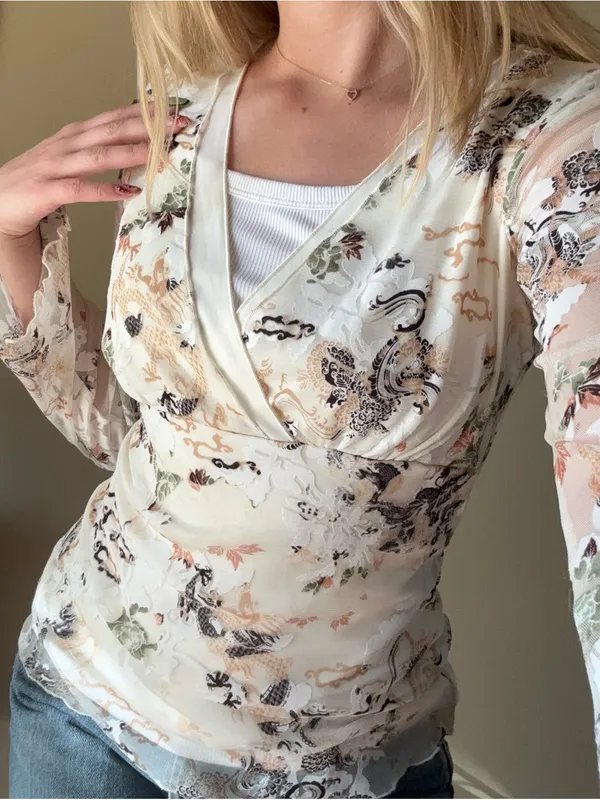 Wrapper Y2K White V-Neck Sheer Top - Image 8