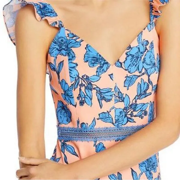 Alice + Olivia Jade Ruffled Floral Midi Dress Coral Blue Lace‎ Illusion Size 12 - Image 3