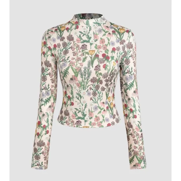 Cider Women Cream Wildflower Botanical Print Mock Neck Long Sleeve Top XL NEW - Image 6