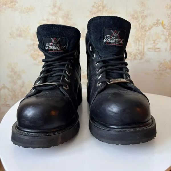 Thorogood black leather chunky heel lace up motorcycle workwear biker boots - Image 2