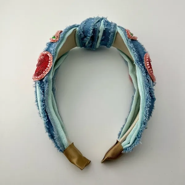 Embellished Denim Headband with Cherry Design NEW Blue - Image 3