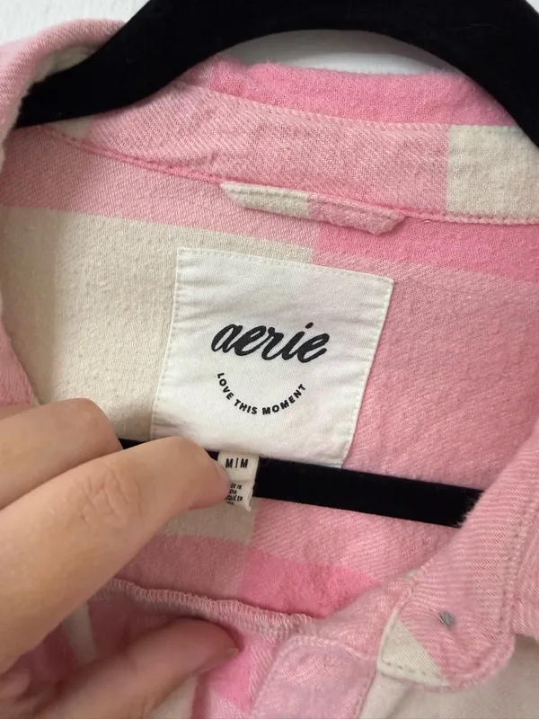 {M} aerie oversized Pink and Cream anytime fave flannel shirt - Image 5