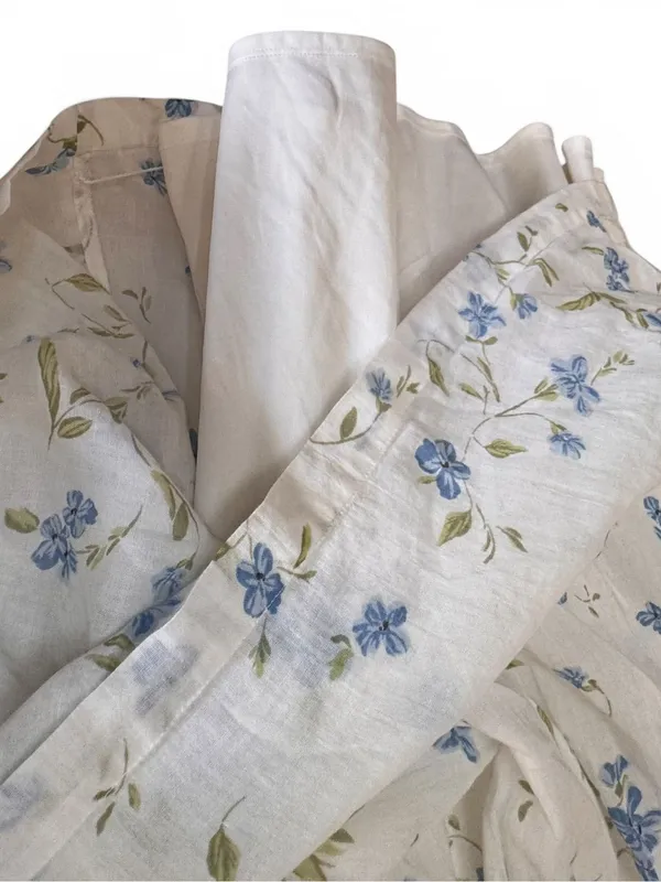 Cream Floral Puff-Sleeve BoHo flowery cottage core Dress with Blue Flowers - Image 4