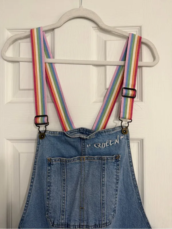 Denim Rainbow Stripe queen embroidered Overalls cut off Shorts women’s size XL - Image 3