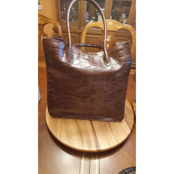 Ralph Lauren Signature Safari Embossed Tote Bag Brown Faux Leather LRG - Image 2