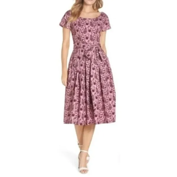 GAL MEETS GLAM Hallie Dress Paisley Floral Pink Purple Box Pleats Pockets Size 8 - Image 4