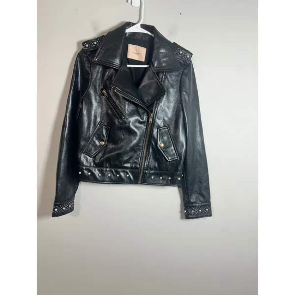Twinset Milano Black‎ Genuine Leather Pearl Studded Biker Moto Jacket Womens S - Image 2