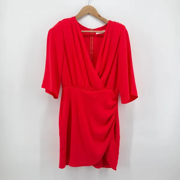 Amanda Uprichard Red Surplice Ruched V-Neck Mini Dress Size Small Tulip‎ Skirt - Image 2