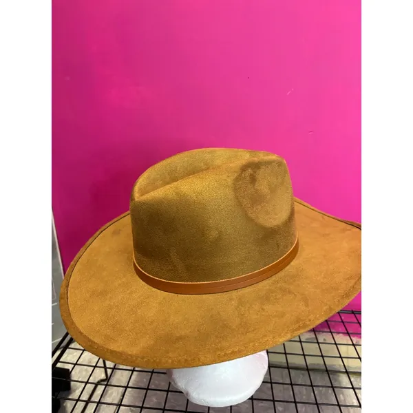 Camel Brown Faux Suede Wide Brim Fedora Hat with Tassel Band RN157656 - Image 3