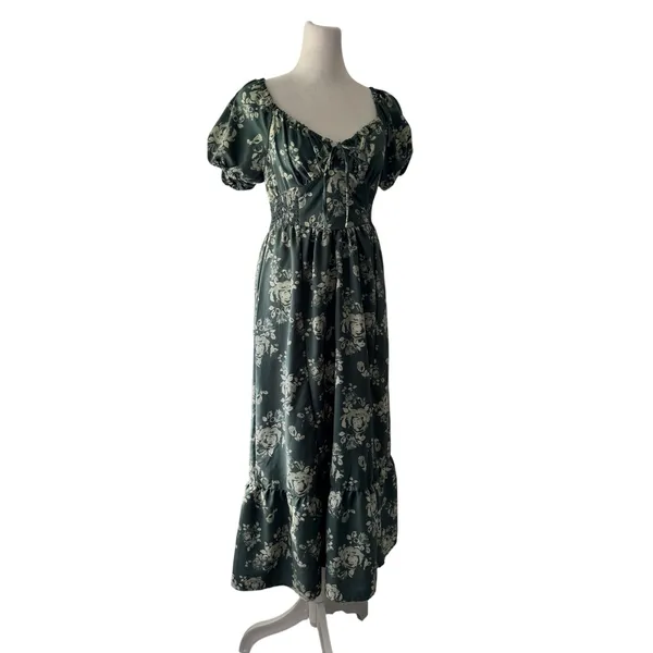 Hint of Blush Green Floral Print Smocked Waist Puff Sleeve Maxi Dress - Image 5