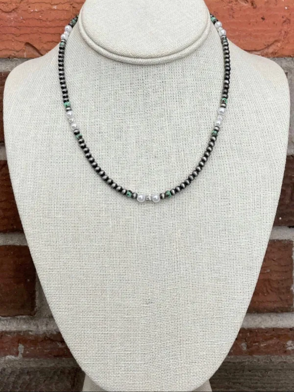 Navajo Style Pearl Necklace with Green, Brown & White - Image 2
