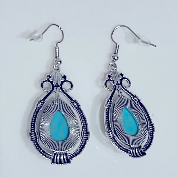 Faux turquoise & silver tone boho dangly earrings, teardrop shape, 1.5” NEW - Image 3