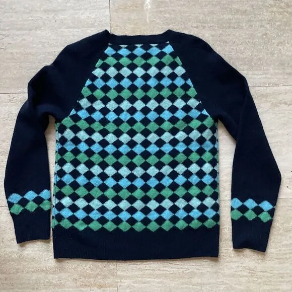 J Crew‎ Women Argyle Crewneck 100% Lambs Wool Sweater Y2K Preppy S Blue Green - Image 6