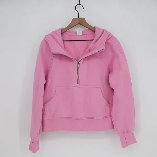 Pink Quarter Zip Hoodie Sweatshirt Thumbholes Kangaroo Pocket Large - Image 2
