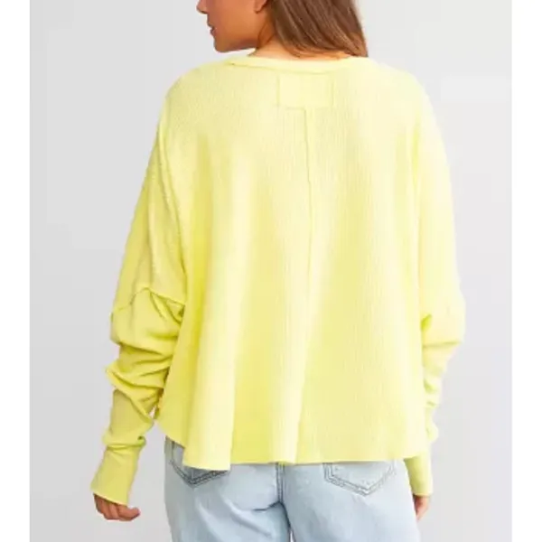 Free People Microphone Drop Lemon Grass Yellow Thermal Top Waffle‎ Knit Medium - Image 2