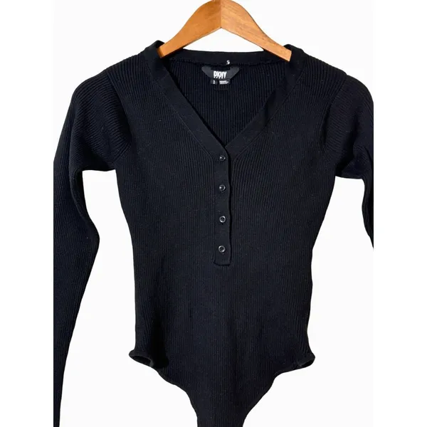 DKNY Medium Black Ribbed Henley Long Sleeve Bodysuit Snap Front - Image 2
