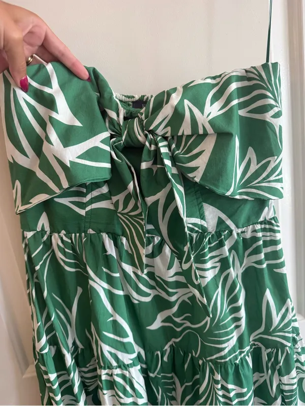 Strapless Green Tropical-Print Midi Dress with Front Tie - Image 3