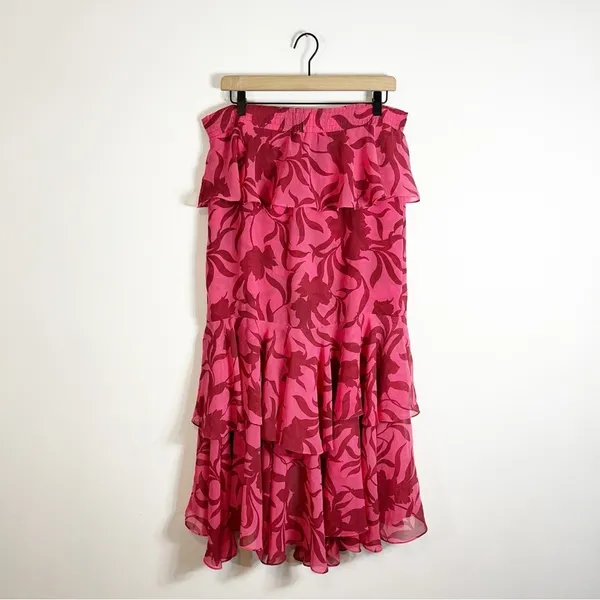 MISA Los Angeles Kalani Skirt Graphic Floral Pink Red Midi Skirt Small - Image 6