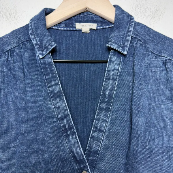 Anthropologie Pilcro Women Cotton Denim Top XS Blue Ruched Button Western Boho - Image 4
